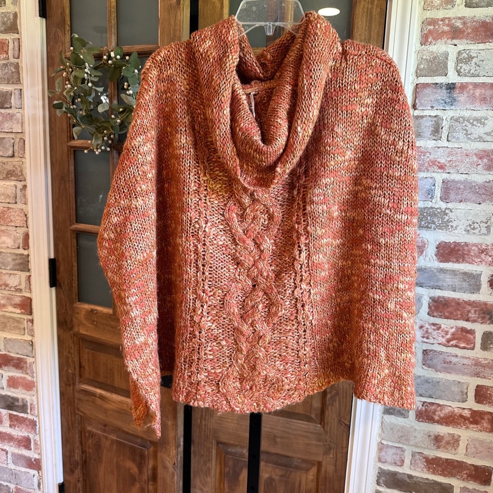 Free People Sweater Women Orange Cable Knit Cowl Neck Poncho Oversized Boho XS